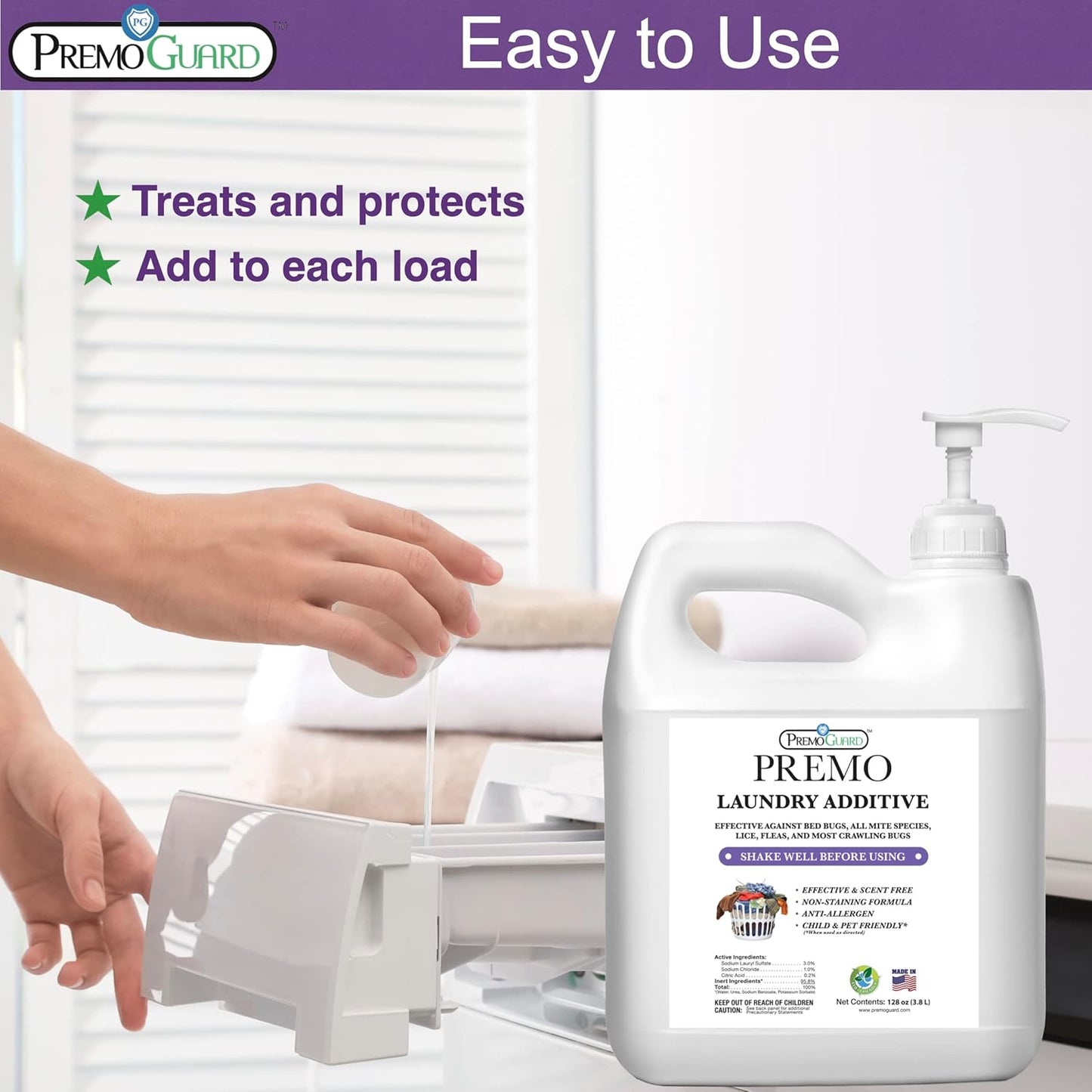 Premo Guard Bed Bug, Mite & Lice Laundry Detergent Additive 64 oz – Child & Pet Friendly – Stain &