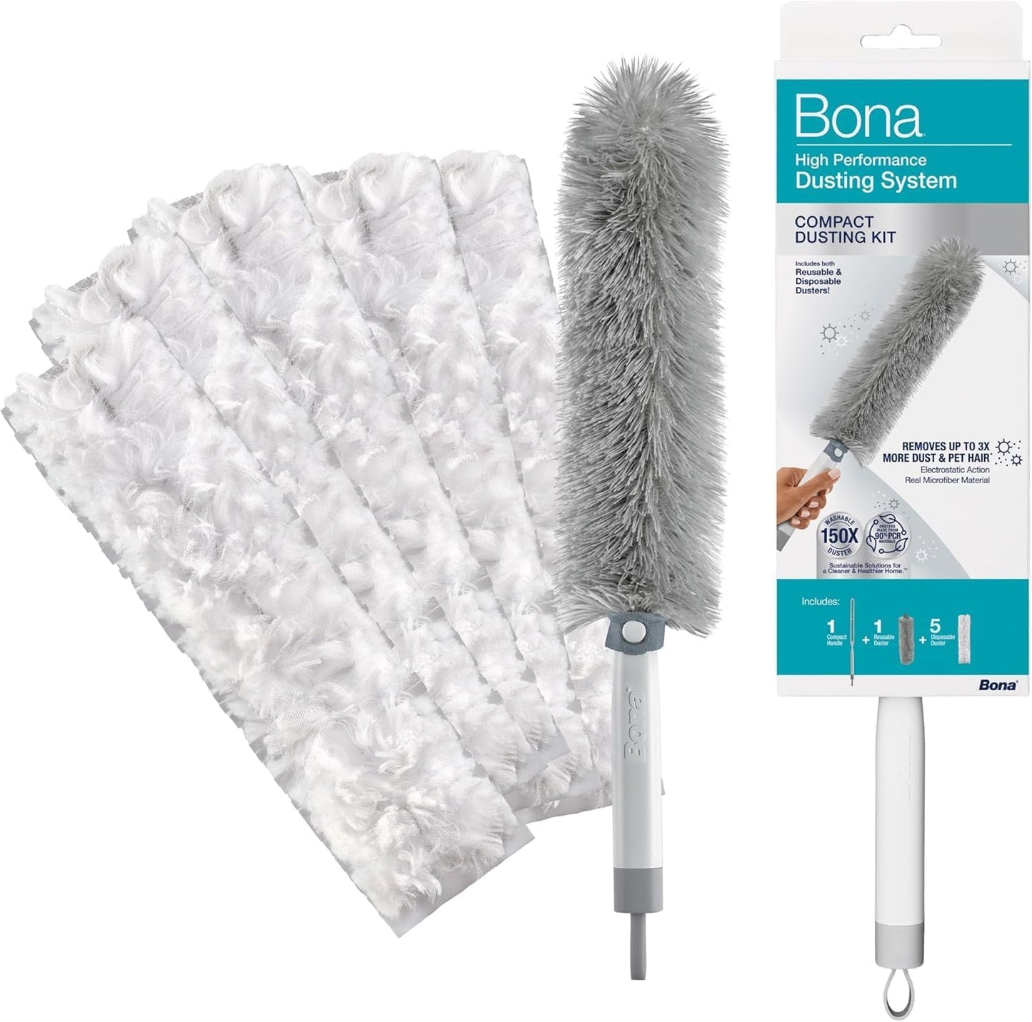 Bona High Performance Dusting System - 1 Compact Handle, 5 Disposable Dusters, & 1 Reusable Duster