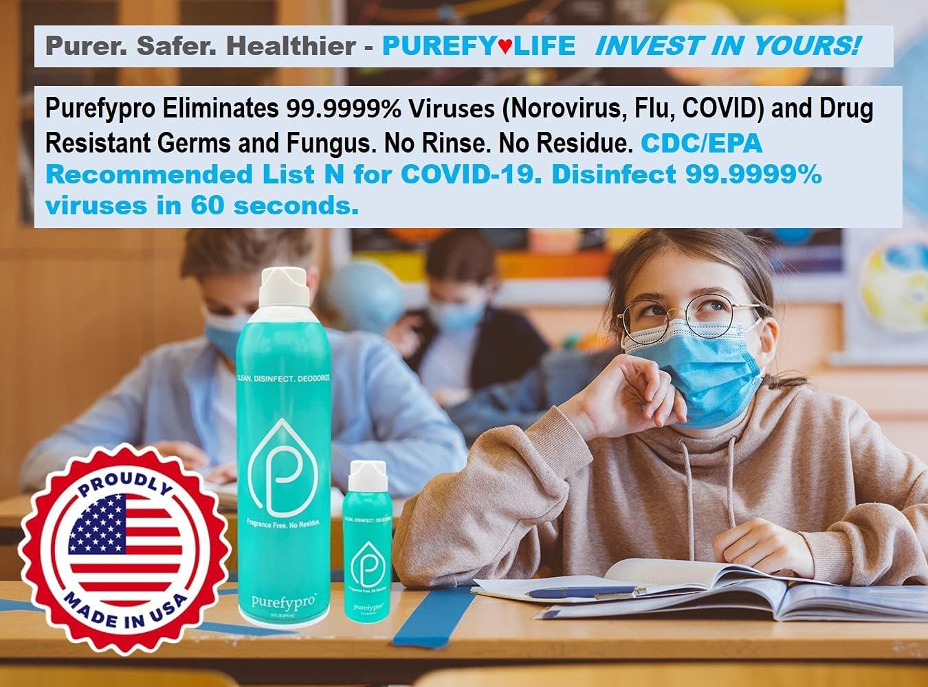 Purefypro Disinfectant Airesol Spray (14oz, 2 Pack) Eliminate 99.9999% Norovirus, HIV, Hepatitis