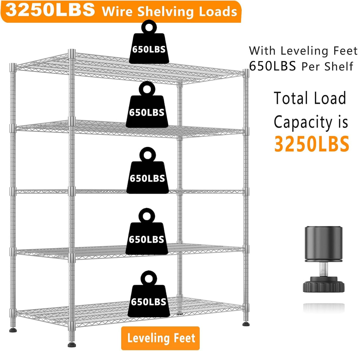 Himimi 60" W Storage Shelves, 5-Tier Wire Shelving with Wheels 3250LBS Heavy Duty Metal Shelves for