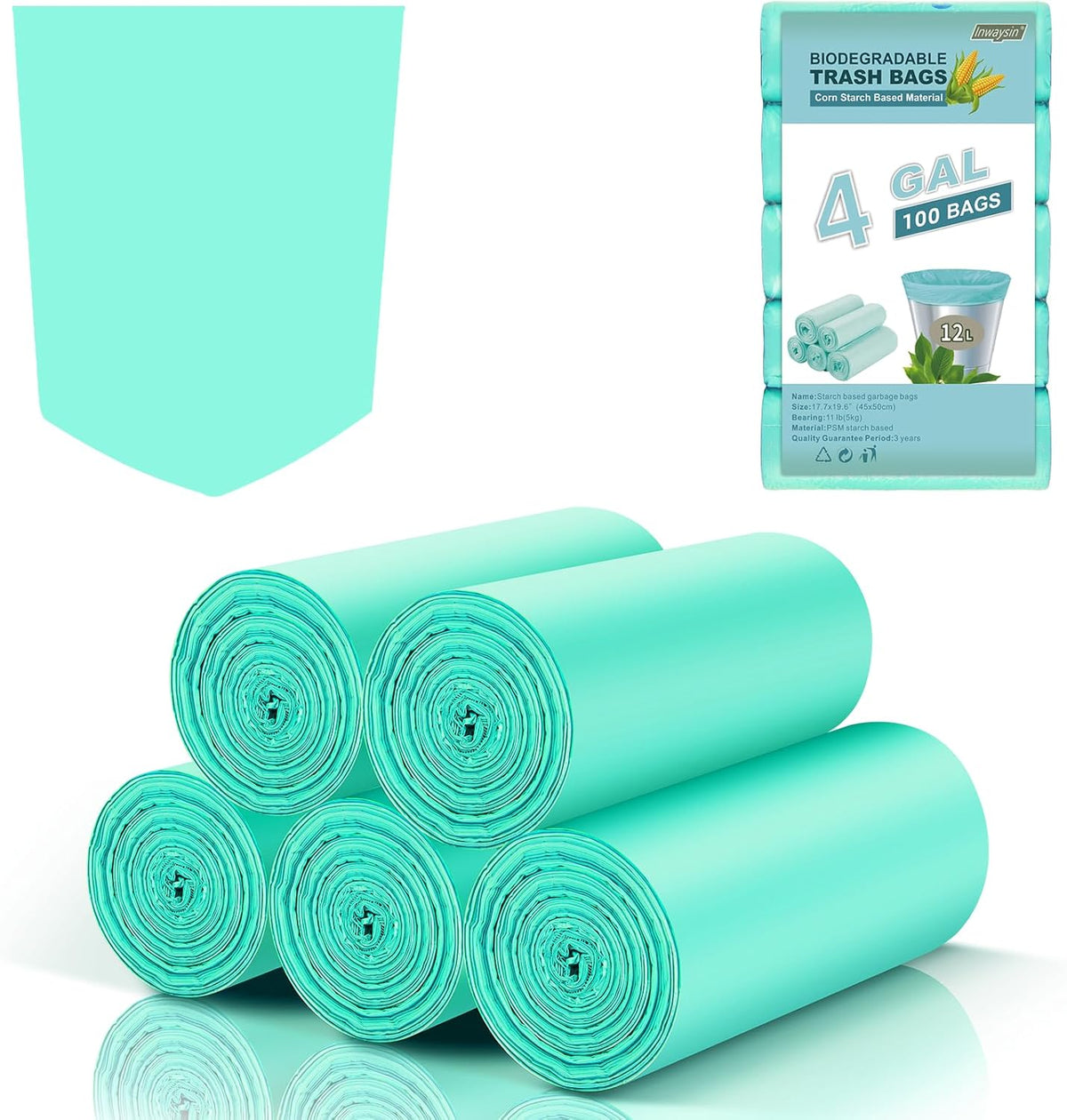 4 Gallon Biodegradable Trash Bags - Inwaysin Bulk 100 Count Unscented Compostable Garbage Bags for