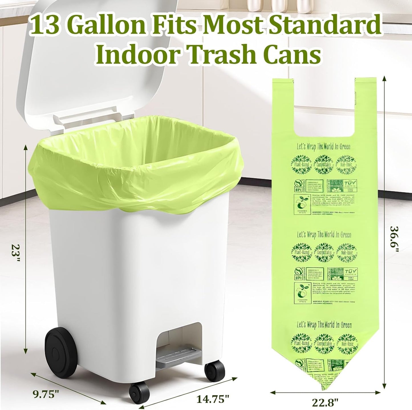 10-13 Gallon Compostable Trash Bags Handle-Tie, Heavy Duty Thick 0.87 Mil, 49.21 Liter, 30 Bags
