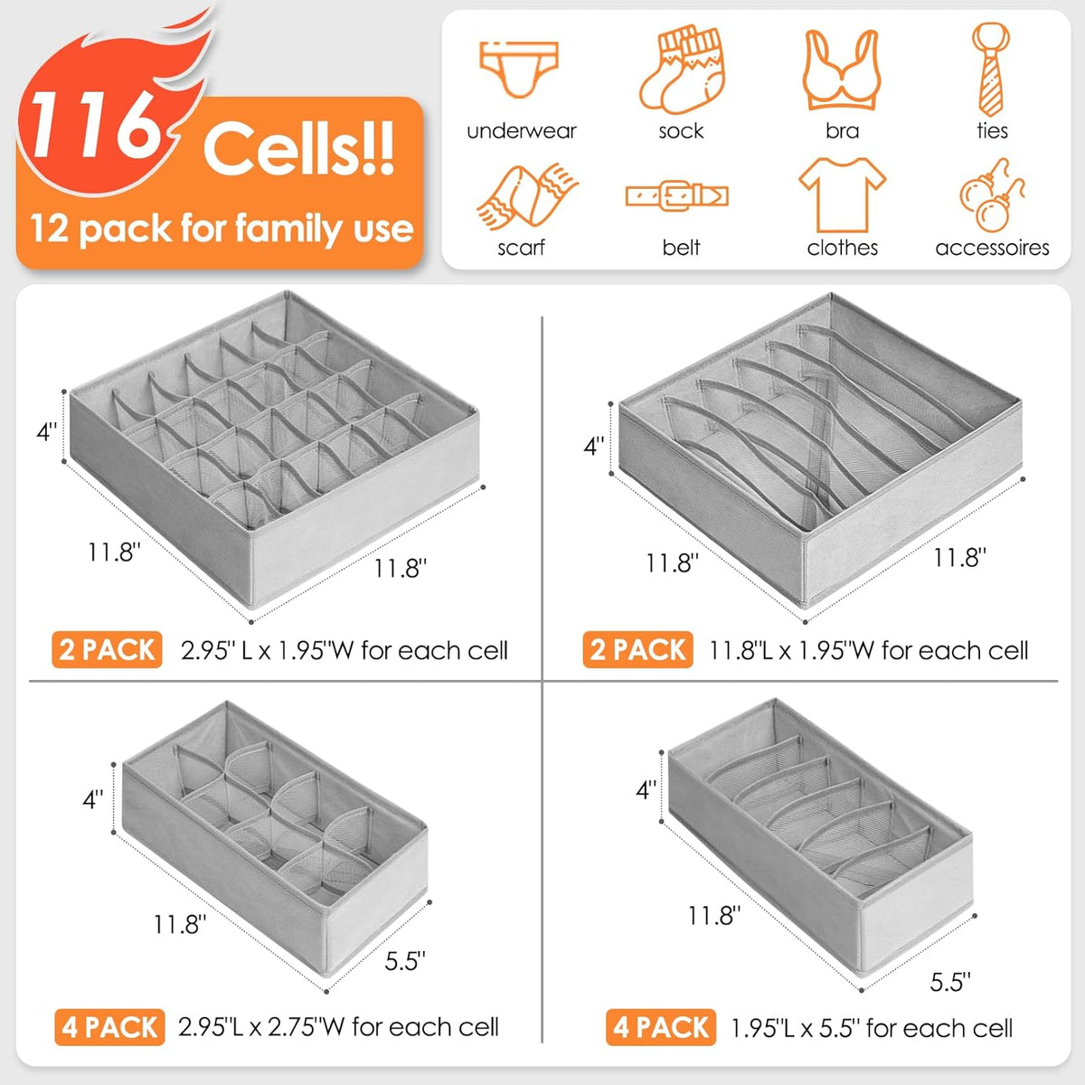 12 Pack Sock Underwear Drawer Organizer Dividers, 116 Cells Fabric Foldable Dresser Closet