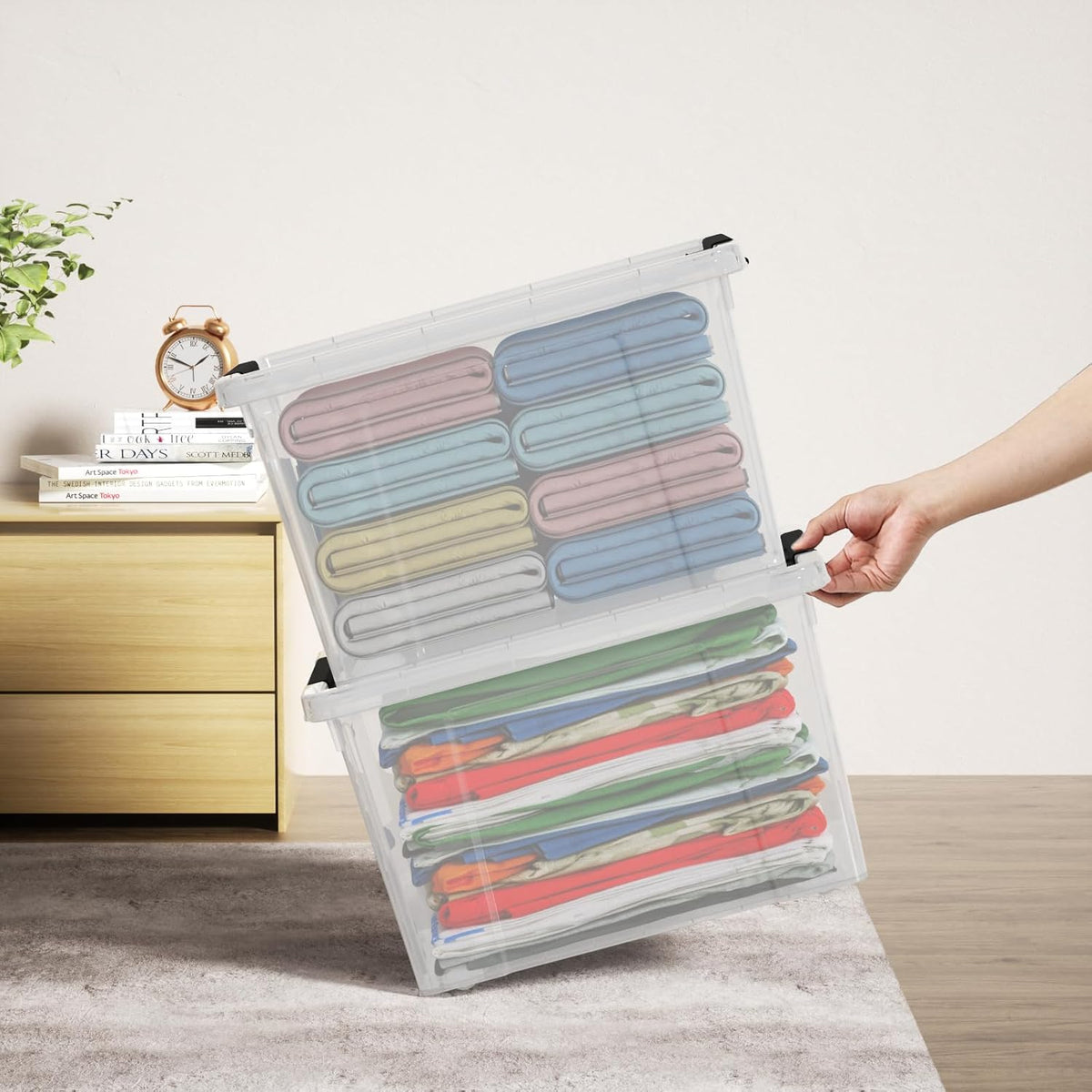 22 Qt Latching Storage Box, Stackable Bin with Latch Lid, Plastic Storage Container Tote, Clear