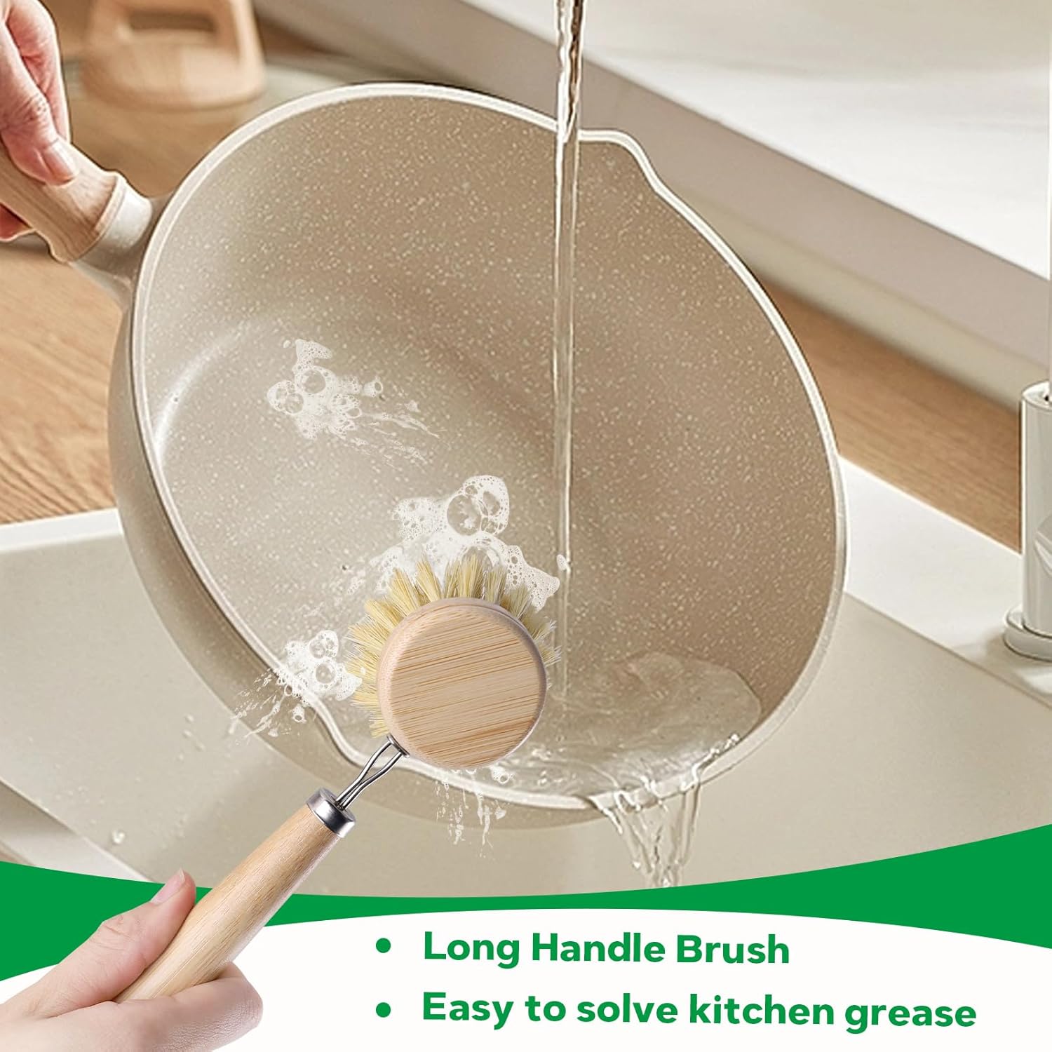Bamboo Dish Brush Set - 5 Packs Natural Wooden Kitchen Brush, 4 Dish Scrubbers with One Replacement