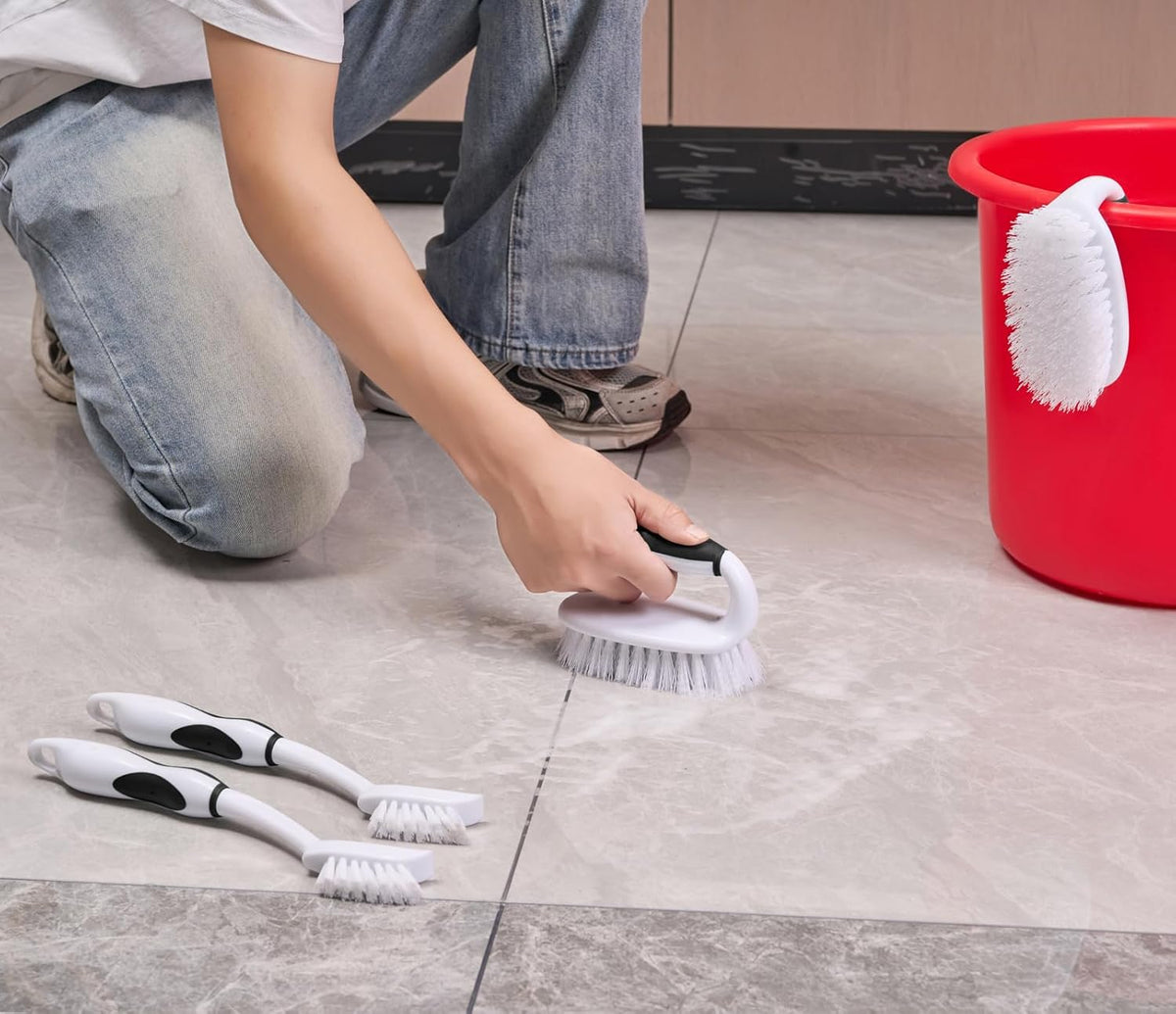 Scrub Brush Set, 4 Pack Deep Cleaning Brush Kit - 2 Scrub Brush, 2 Tile & Grout Brush with Built-in