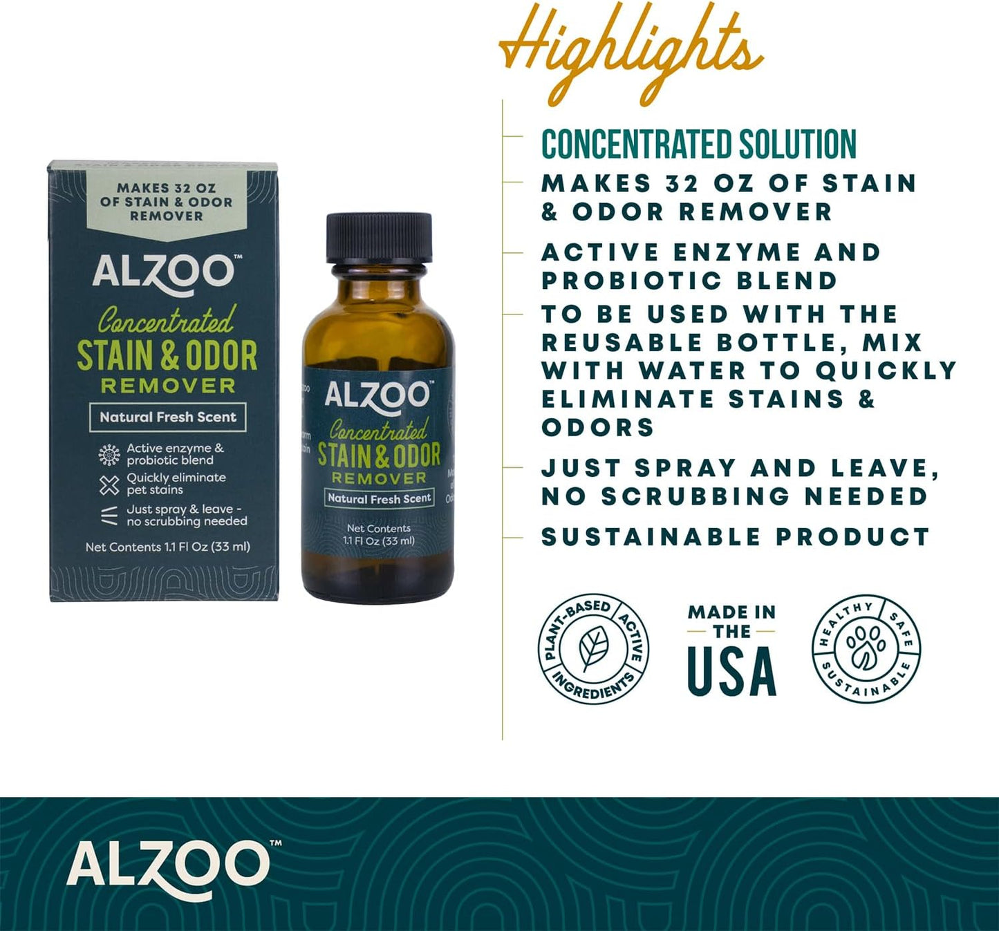 ALZOO Concentrated Stain & Odor Remover Refill Bottle, 100% Plant-Based Active Ingredients, 1.1 Fl.