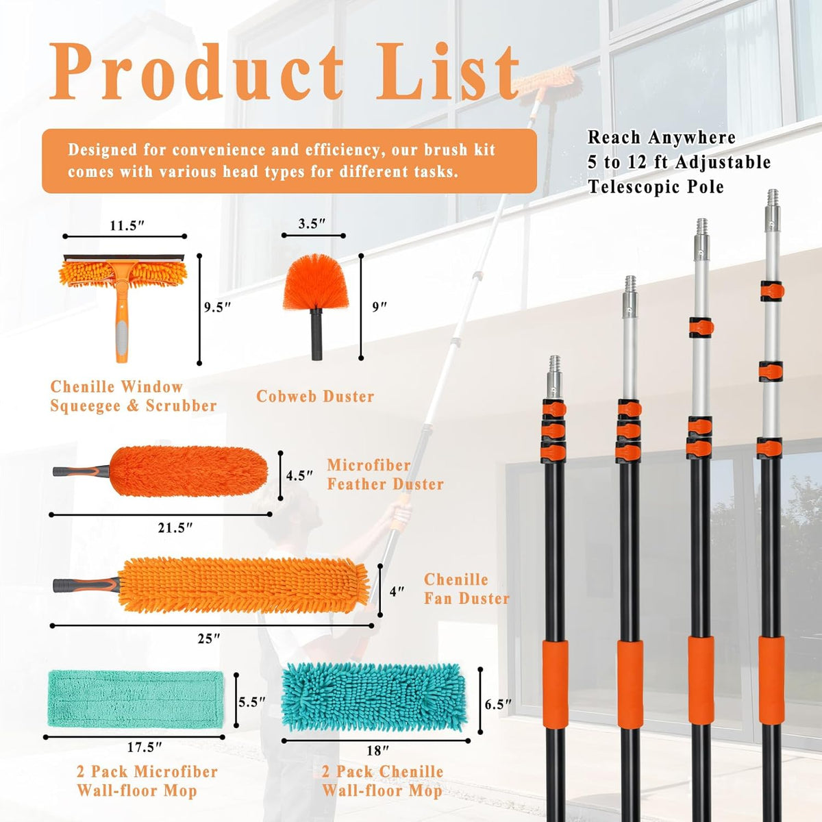 20ft High Ceiling Duster Kit with 5-12ft Heavy-Duty Extension Pole, Cobweb Duster, Ceiling Fan