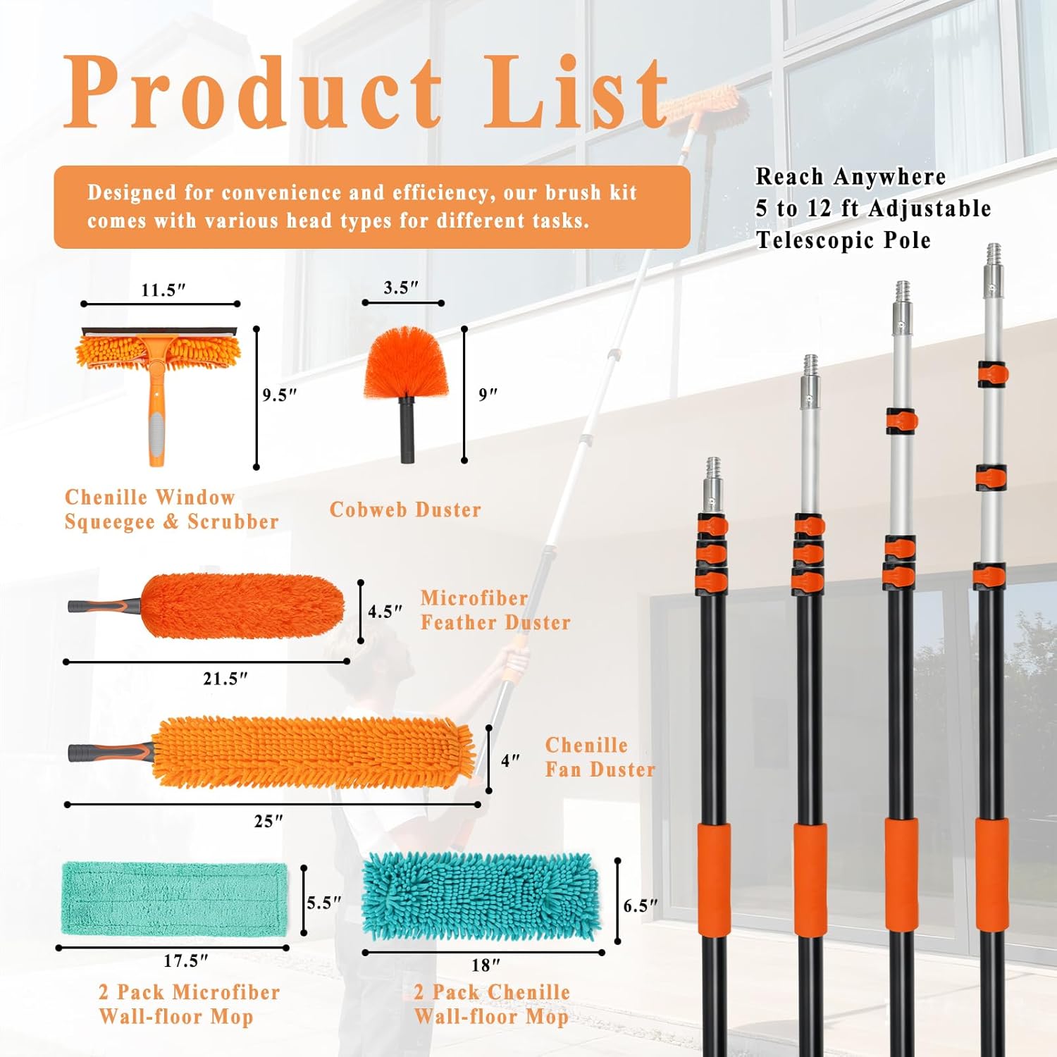 20ft High Ceiling Duster Kit with 5-12ft Heavy-Duty Extension Pole, Cobweb Duster, Ceiling Fan