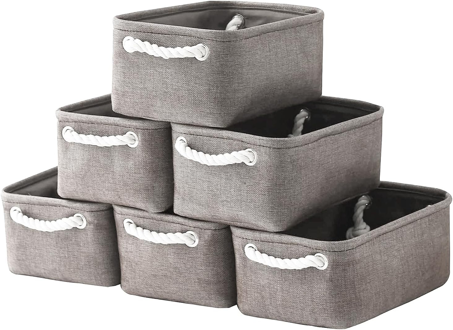 TheWarmHome Foldable Small Storage Baskets with Strong Cotton Rope Handles [6-Pack] Gray