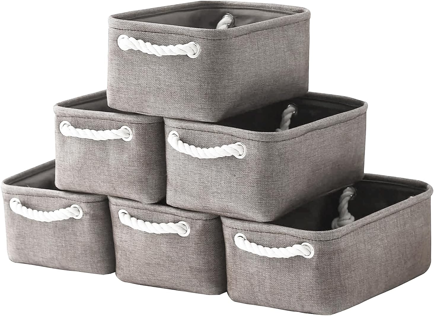 TheWarmHome Foldable Small Storage Baskets with Strong Cotton Rope Handles [6-Pack] Gray