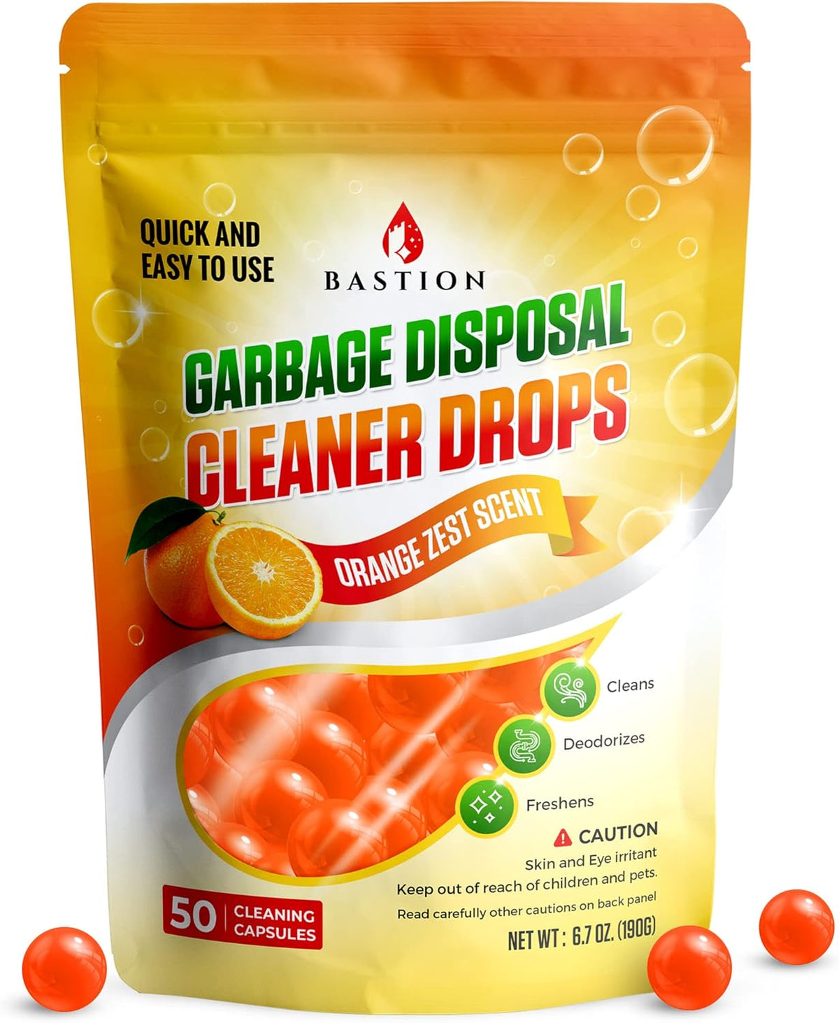Bastion Garbage Disposal Cleaner and Deodorizer Drops- [[50-Count]] Orange Zest Scented Kitchen