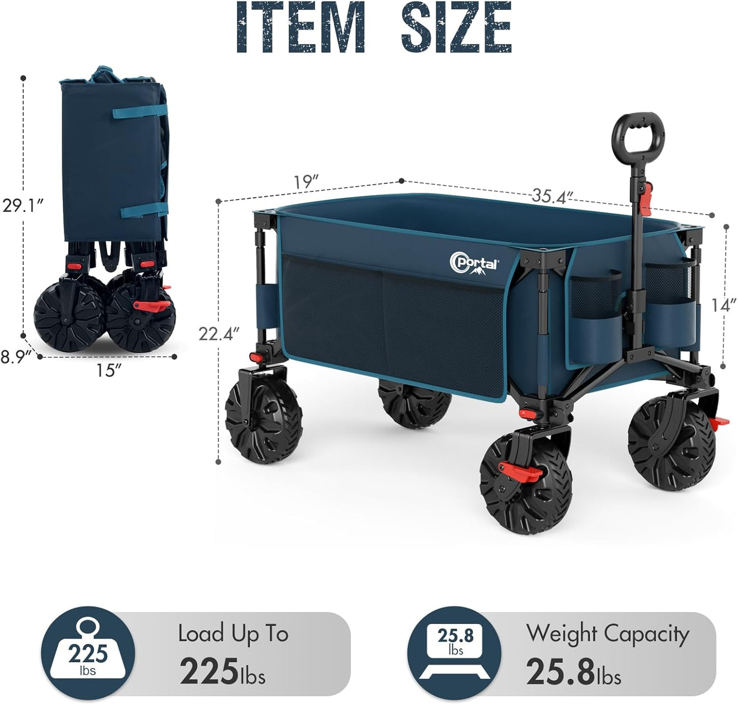 PORTAL Collapsible Wagon with Brakes, Heavy Duty Utility Cart with All-Terrain Wheels, Portable