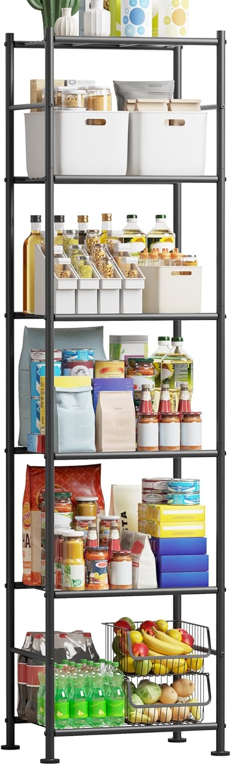 Storage Shelves - 6 Tier Shelf Organizer, Sturdy Metal Garage Shelving with Adjustable Leveling