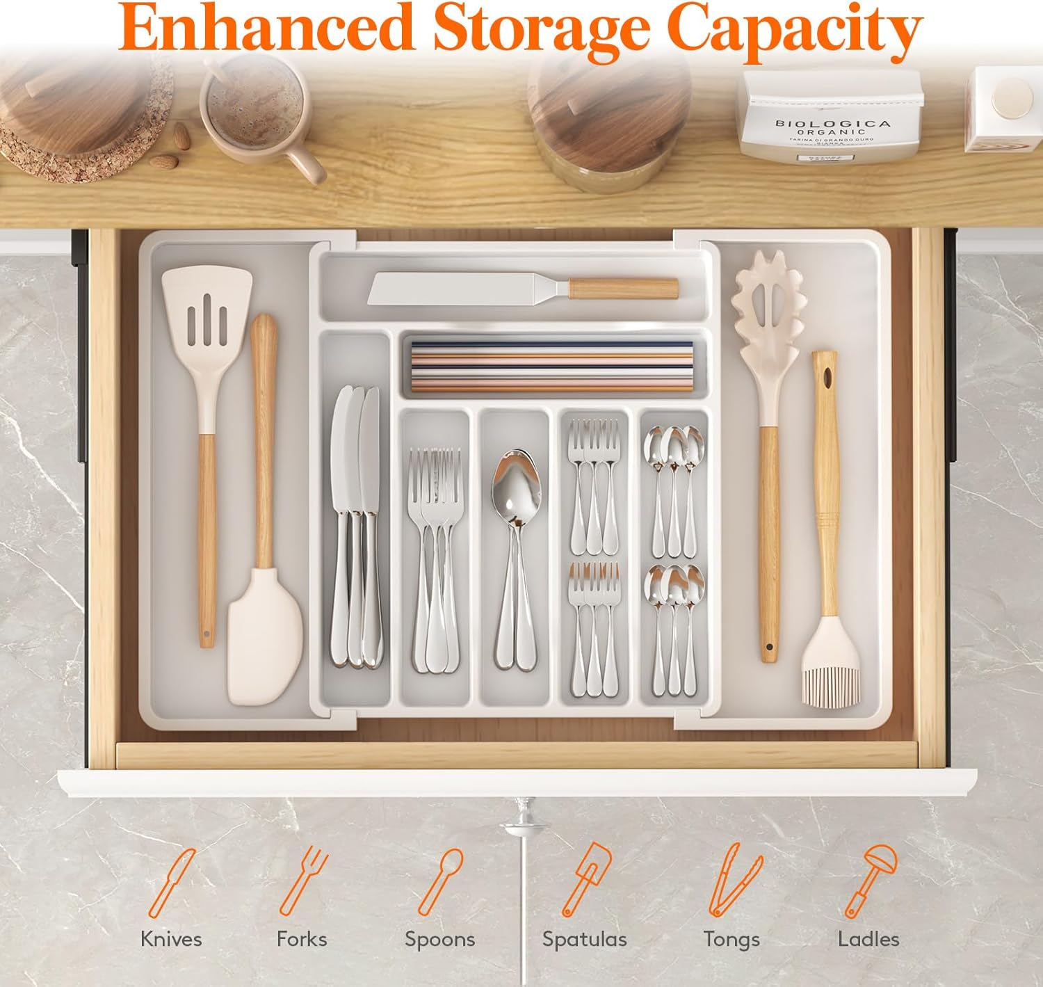 Lifewit Silverware Drawer Organizer, Expandable Utensil Organizer for Kitchen Drawers, Adjustable