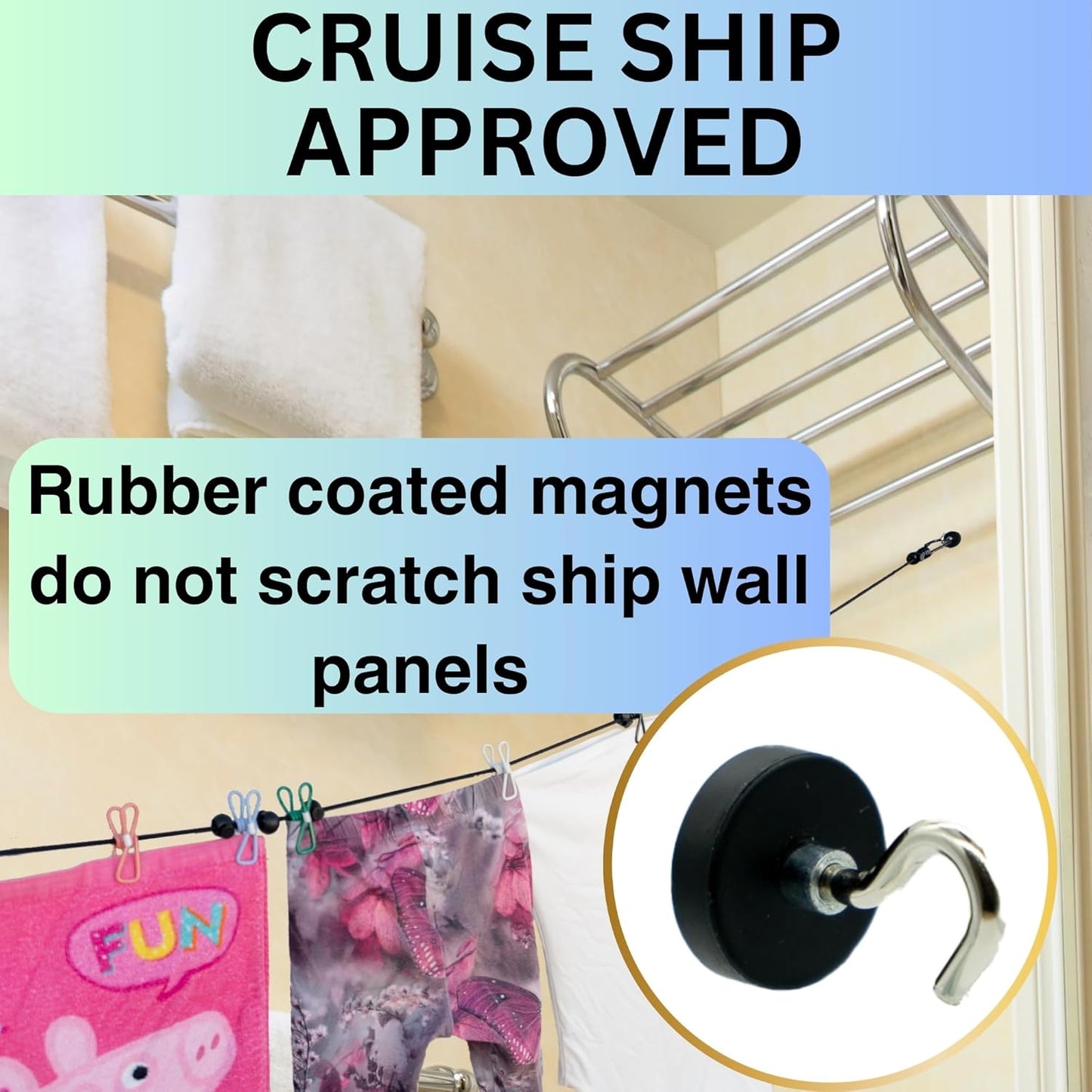 Magnetic Clothesline for Cruise Ship Cabin Approved - Strong Rubber Coated Non-Scratch Magnets