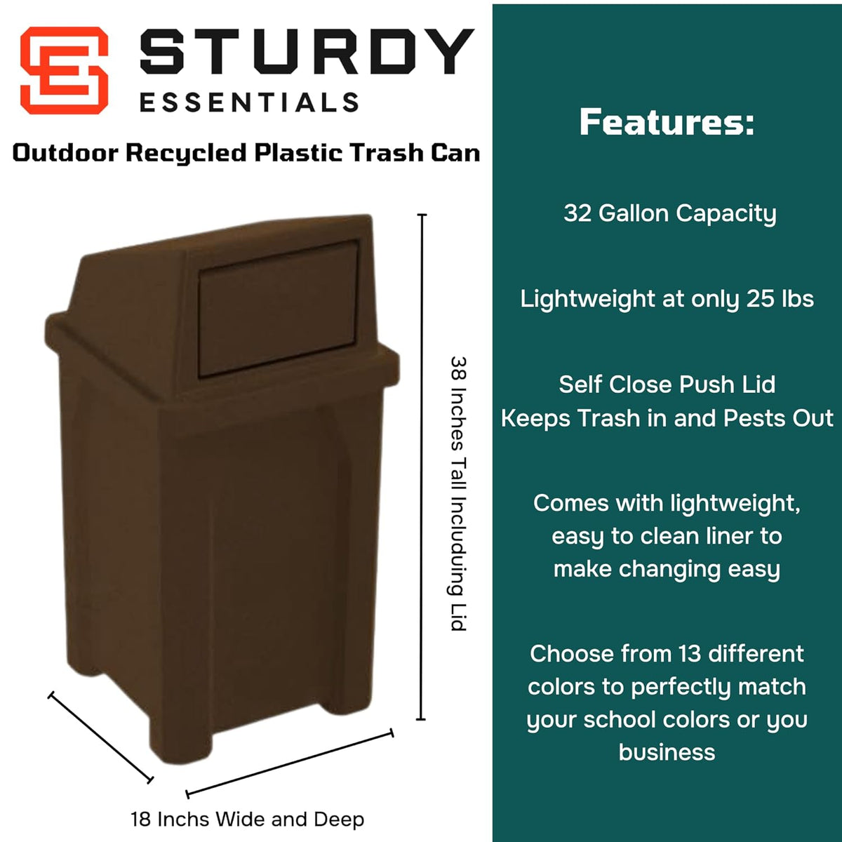 32 Gallon Square 100% Recycled Plastic Heavy Duty Outdoor Trash Can with Push Lid - Great for