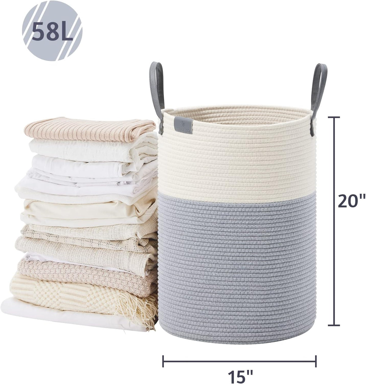 VIPOSCO Tall Laundry Basket, Large Dirty Clothes Hamper with Leather Handle, Woven Rope Storage