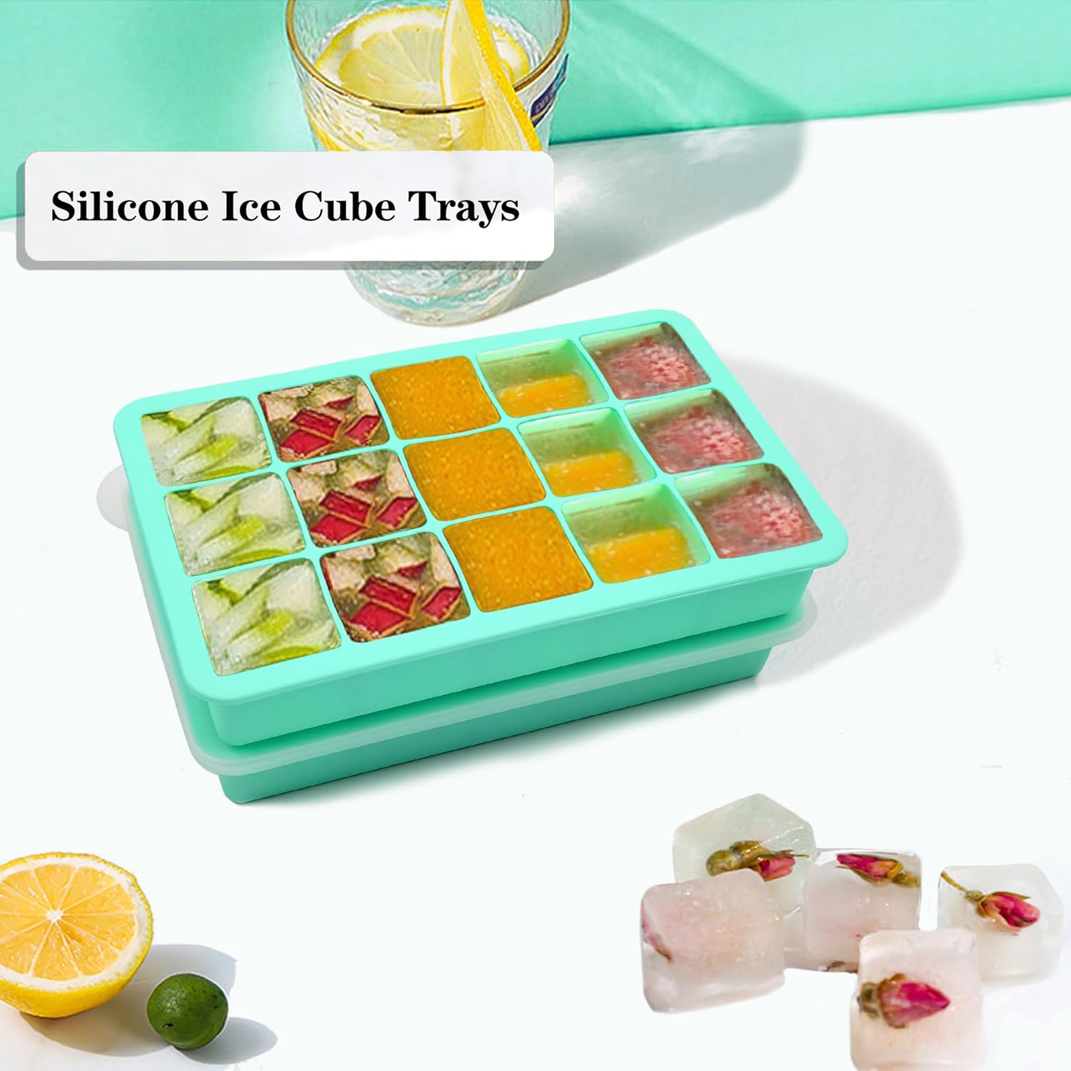 2 Pack Silicone Ice Cube Trays, Easy Release Flexible-15 Cubes Ice Cube Molds,Silicone Ice Cube