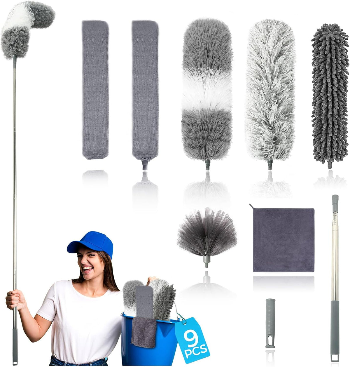 9Pcs Dusters for Cleaning Kit, Extendable Microfiber Duster Tools with 100" Long Pole, Retractable