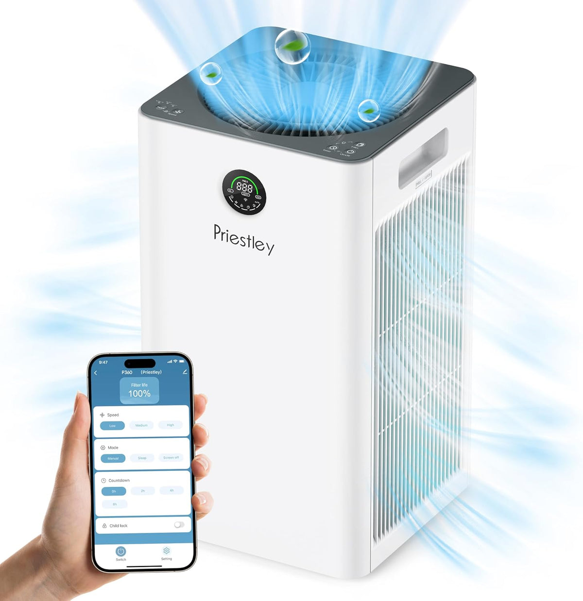 Priestley Air Purifiers for Home Large Room up to 1500 sq ft, Smart Control Air Purifier, True HEPA
