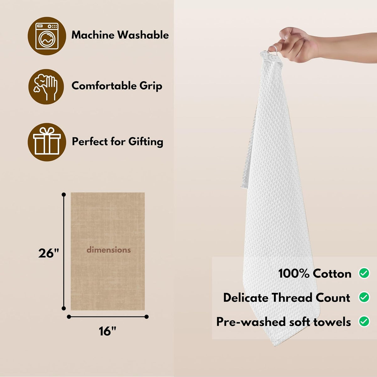 Native Fab Cotton Kitchen Towel with Hanging Loop 16x26 inches, 6-Pack, Waffle Weave Kitchen Towels