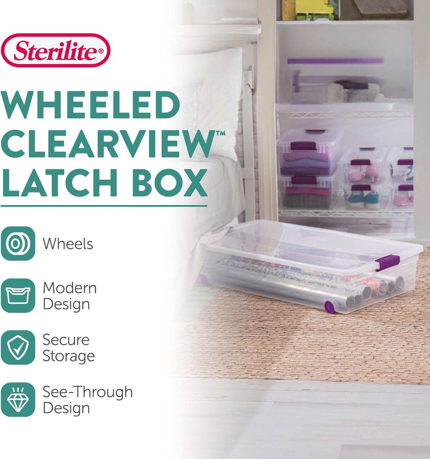 Sterilite 16-Pack 60 Quart ClearView Latch Box, Wheeled Underbed Organizer Bins with Latching Lids