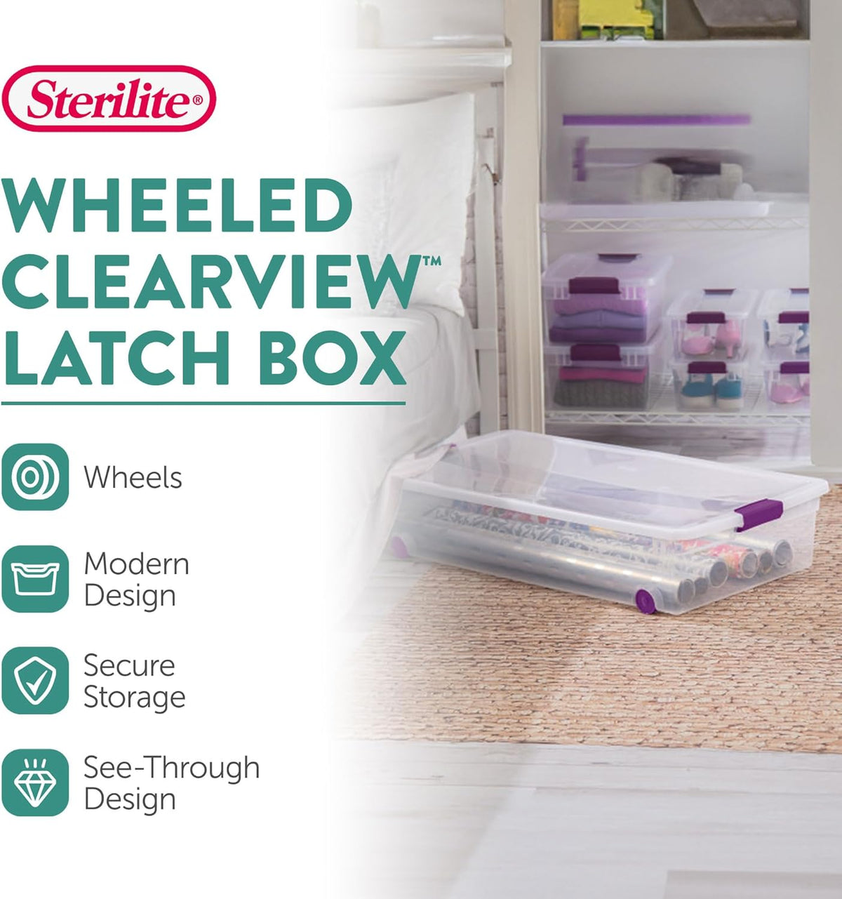 Sterilite 4-Pack 60 Quart ClearView Latch Box, Wheeled Underbed Organizer Bins with Latching Lids