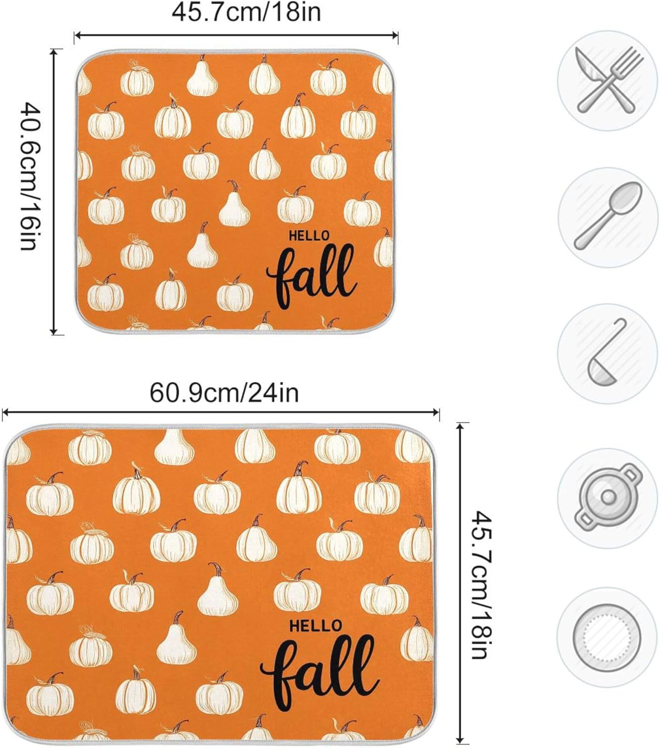 Hello Fall Burnt Orange Dish Drying Mat for Kitchen Countertop 18x24 Autumn Pumpkin Large Drying