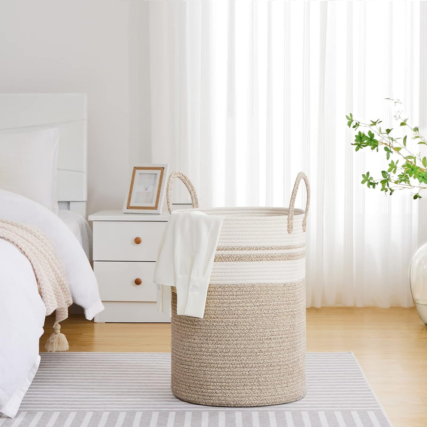 VIPOSCO Large Laundry Hamper, Tall Woven Rope Storage Basket for Blanket, Toys, Dirty Clothes in