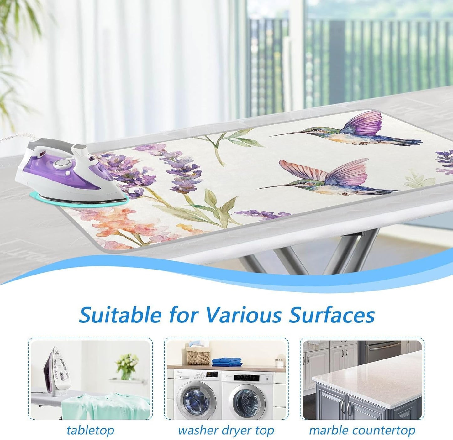 Lavender Flower Hummingbird White Ironing Mat for Table top Portable Ironing Pad Blanket for Washer