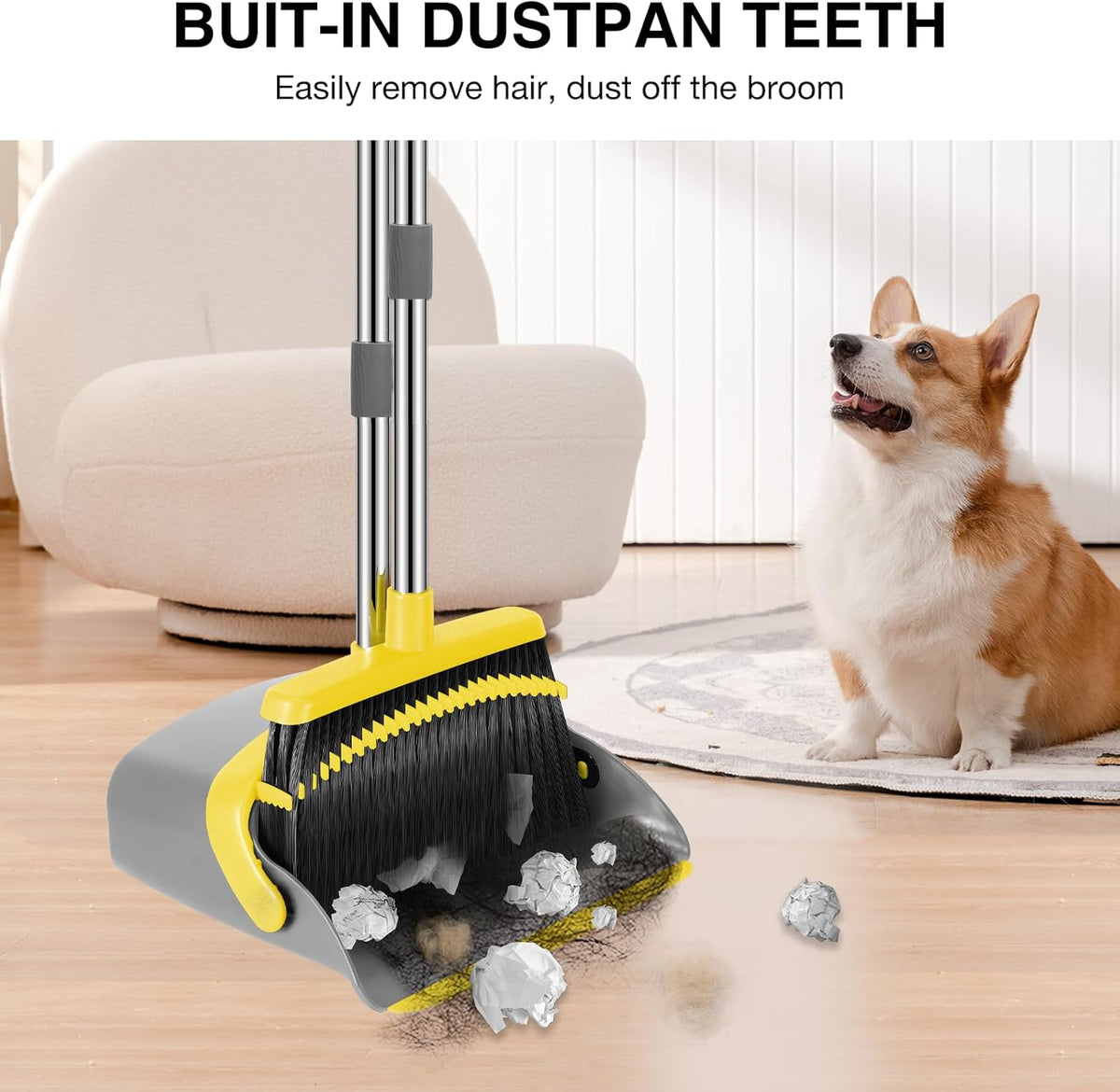 NACENA Broom and Dustpan Set, 52-in Long Adjustable Handle Broom Dustpan Combo with Dustpan Teeth