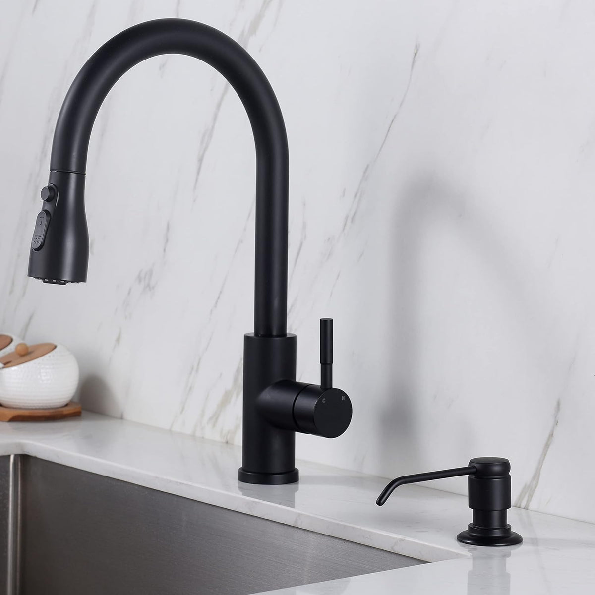 Gagal Soap Dispenser (Matte Black) and Extension Tube Kit for Kitchen Sink, Complete Brass Pump