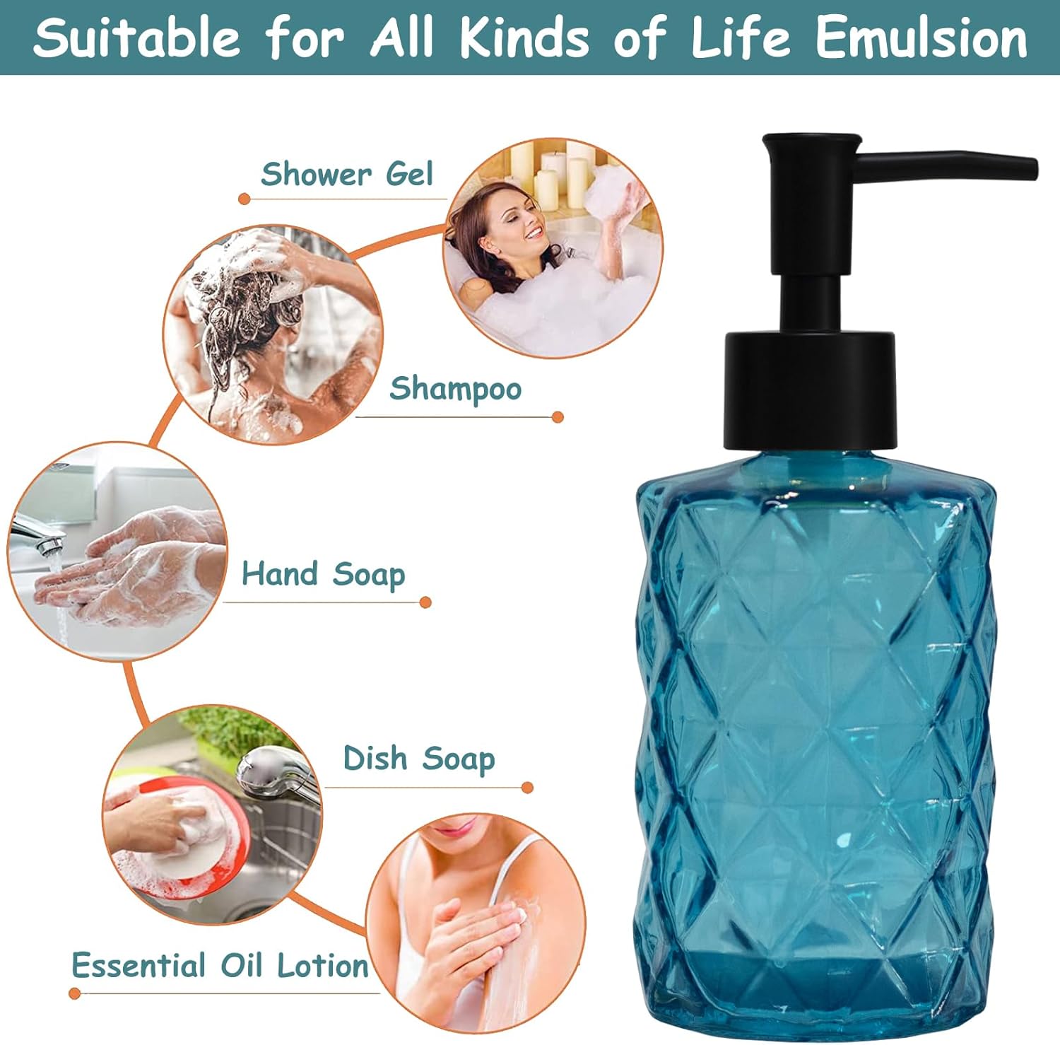 Blue Glass Soap Dispenser with Black Plastic Pump, 12oz Refillable Liquid Hand Soap Dispenser