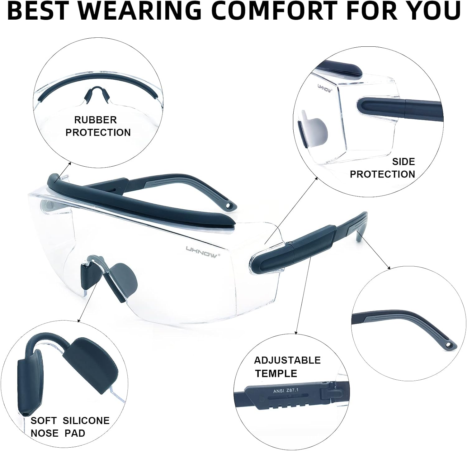UKNOW Safety Goggles Over Glasses, Safety Glasses Anti Fog Wraparound Eye Protection, Protective
