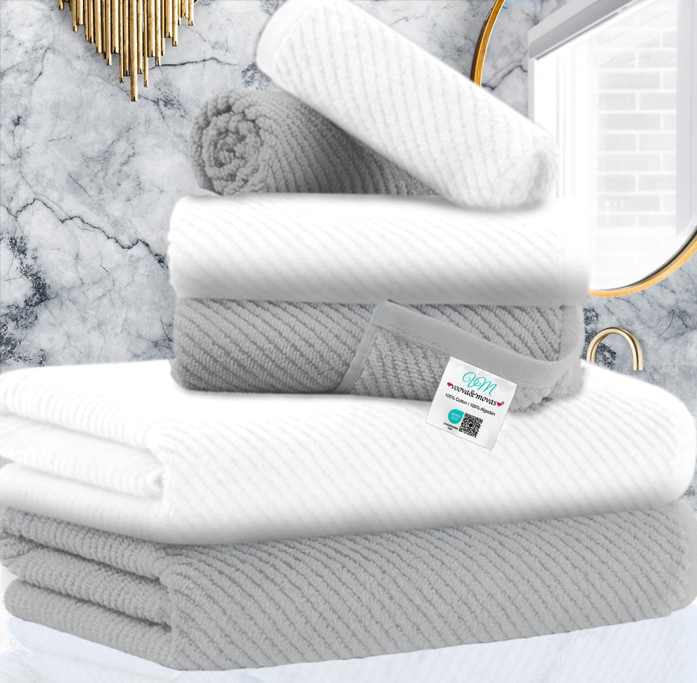 VOOVA & MOVAS Bathroom Towel Set - 100% Cotton | Soft | Quick Dry, Towel Set of 6, 2 Large Bath