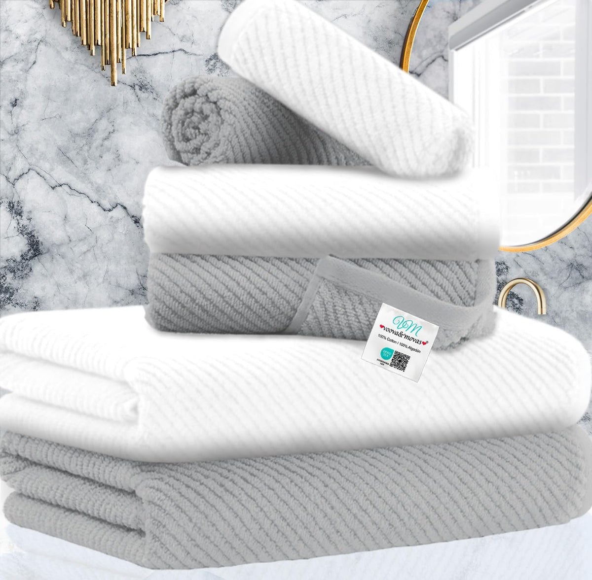 VOOVA & MOVAS Bathroom Towel Set - 100% Cotton | Soft | Quick Dry, Towel Set of 6, 2 Large Bath