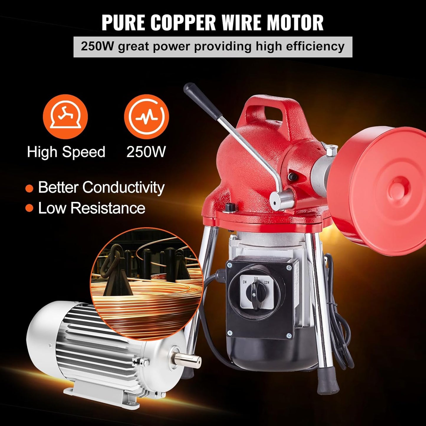 VEVOR Drain Cleaner Machine 66FT x 5/8 Inch, 250W Electric Sewer Snake Auger with 2 Sectional Steel