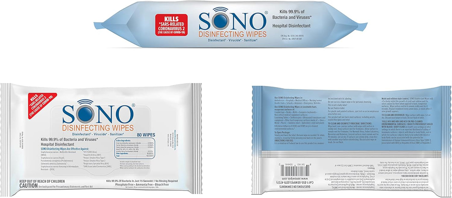 SONO Disinfecting Wipes - Medical-Grade, Alcohol-Free, No Bleach - Multi-Surface Cleaning Wipes for