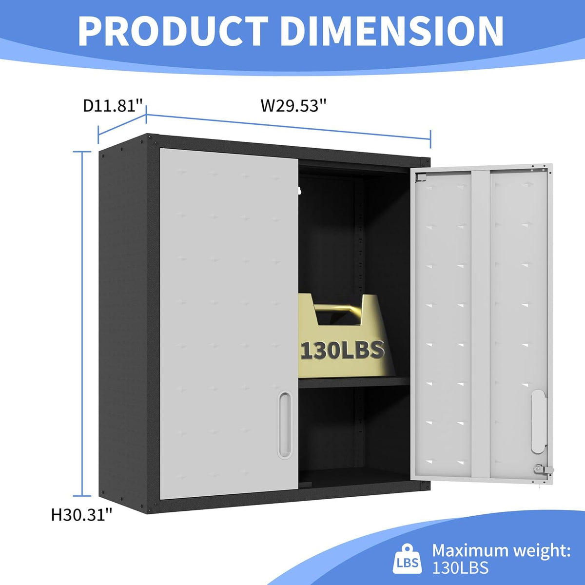 Garage Wall Mounted Storage Cabinet with Doors and Shelves, Lockable Metal Wall Cabinet, Hanging