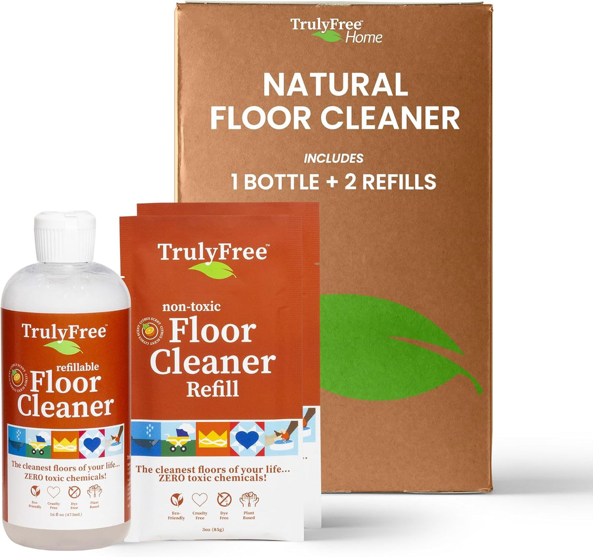 Truly Free Floor Cleaner Kit - Plant-Based Mopping Solution (16oz Reusable Empty Bottle + Two