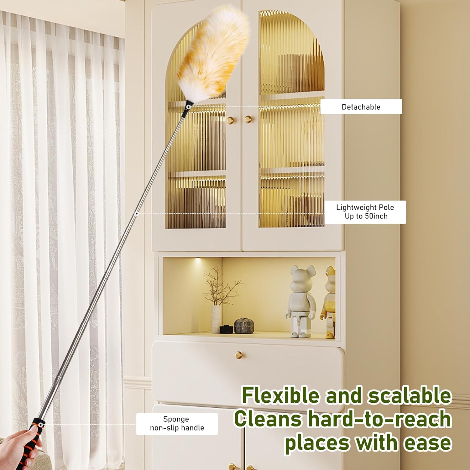 Extendable Lambswool Duster 25-64" Retractable Telescopic Handle Removable Head Multi-Surface