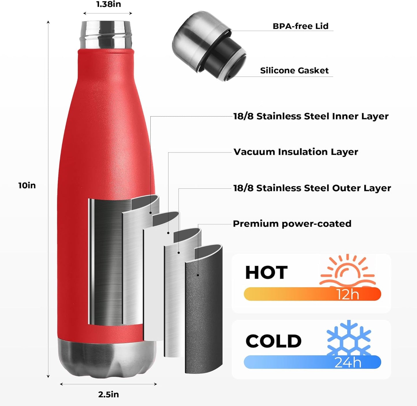 MEWAY 17oz Sport Water Bottle 8 Pack Vacuum Insulated Stainless Steel Leak-Proof Double Wall Cola