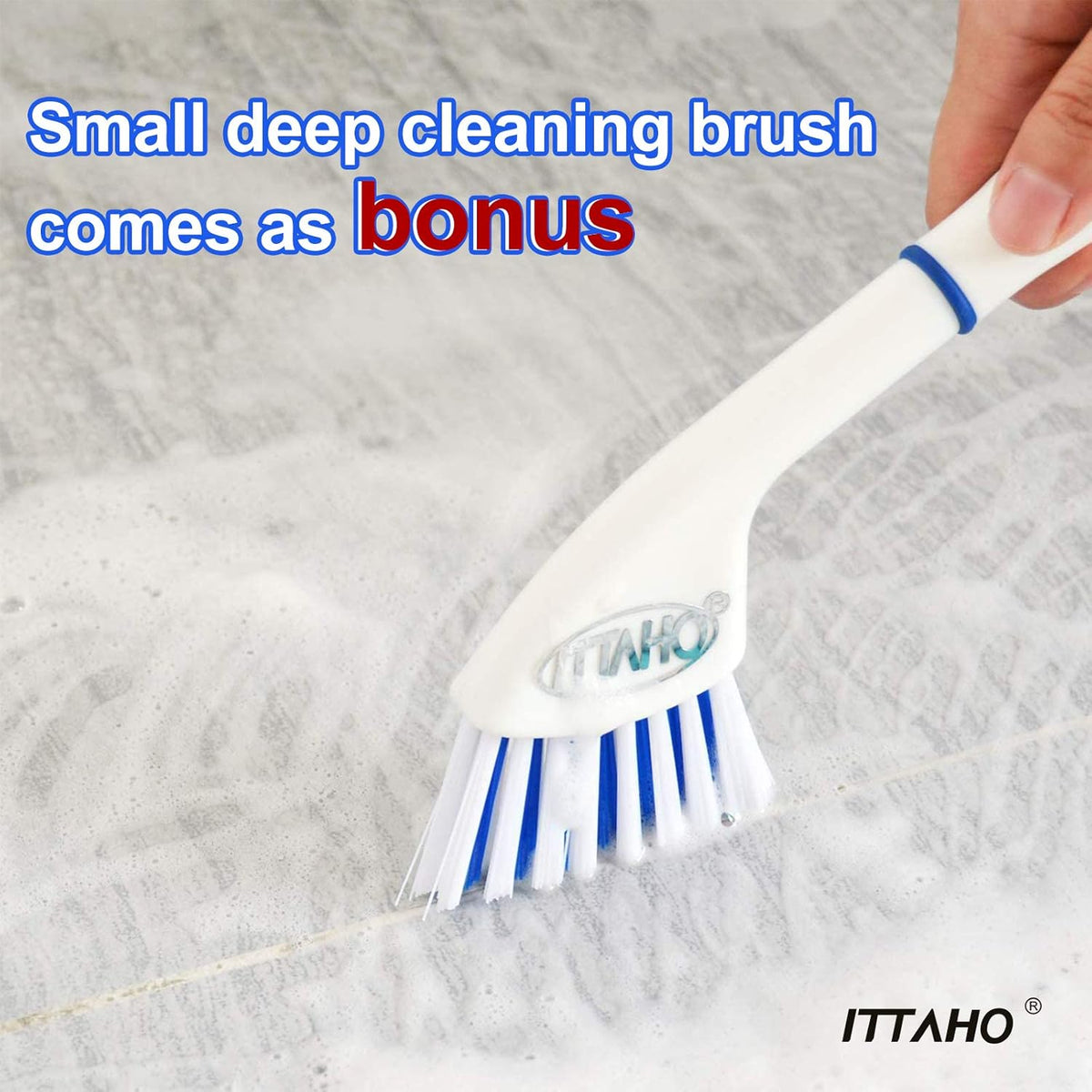 ITTAHO Floor Scrub Brush with Long Handle, 2 in 1 Deck Scrub Brush, Stiff Bristle Scrub Broom &