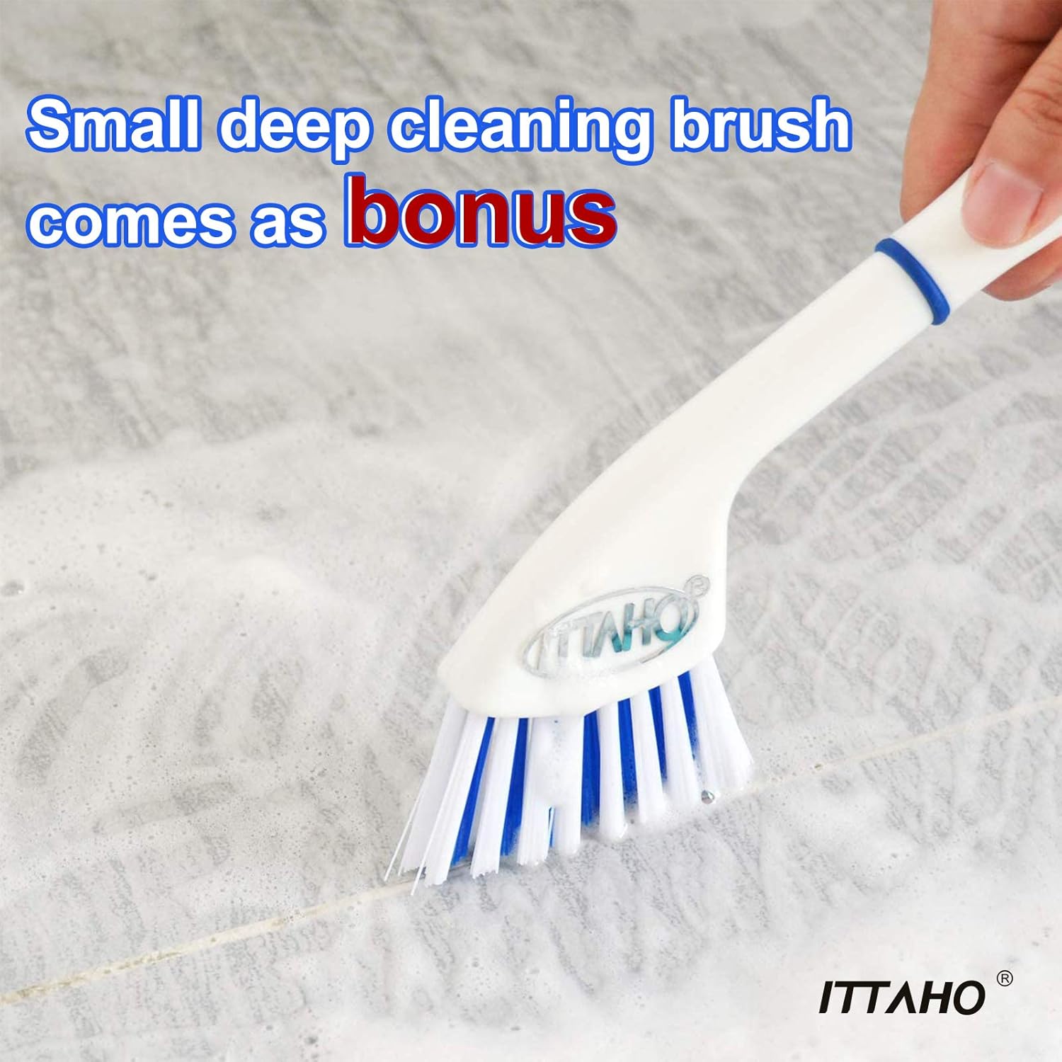 ITTAHO Floor Scrub Brush with Long Handle, 2 in 1 Deck Scrub Brush, Stiff Bristle Scrub Broom &