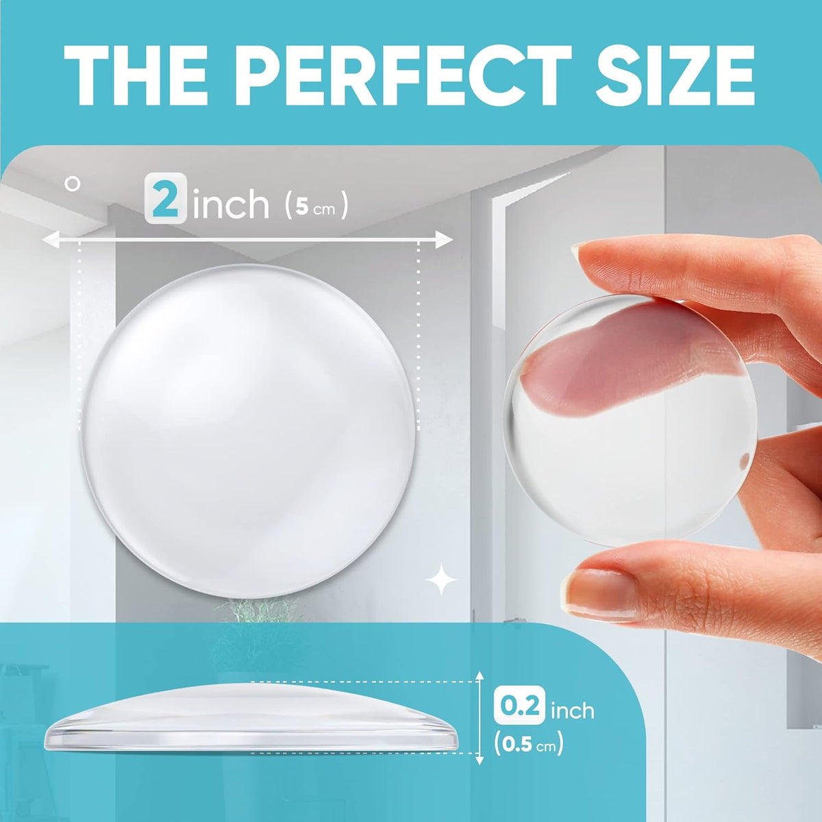 Strongest Home Wall & Door Handle Stopper 2" Set. 6 Pieces of Clear Rubber Door Knob, Round Wall