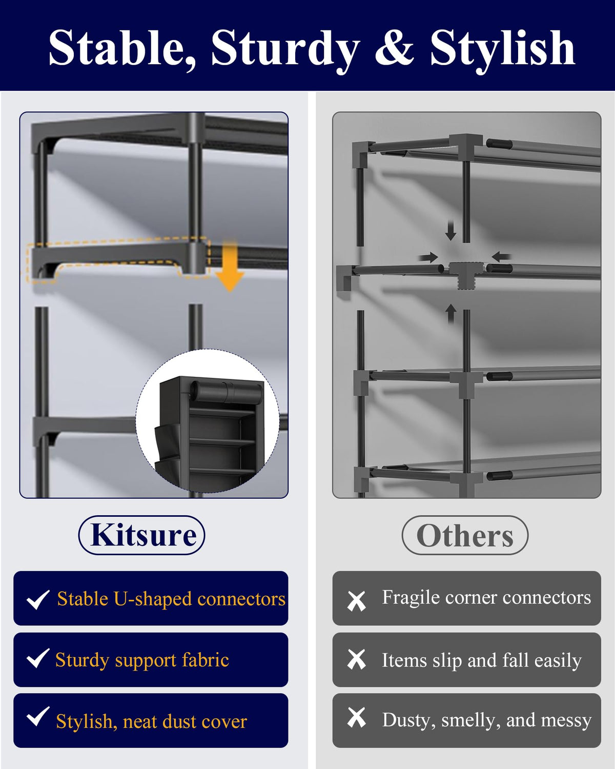 Kitsure 10-Tier Shoe Rack with Cover, Vertical Shelf, 17.5" Wide, Black