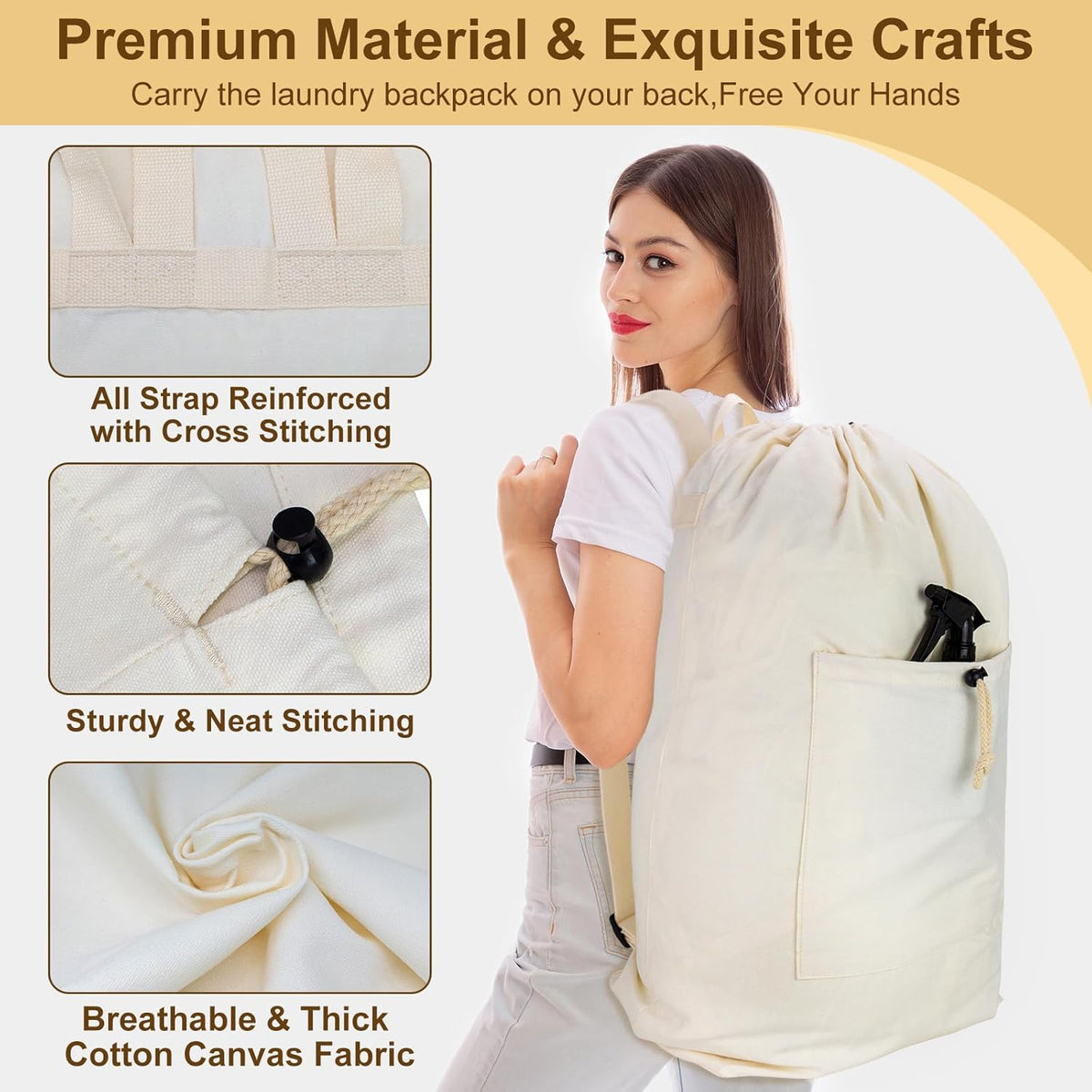Laundry Bag Backpack, Canvas Laundry Bag with Straps & Drawstring Closure Washable Dirty Cloth