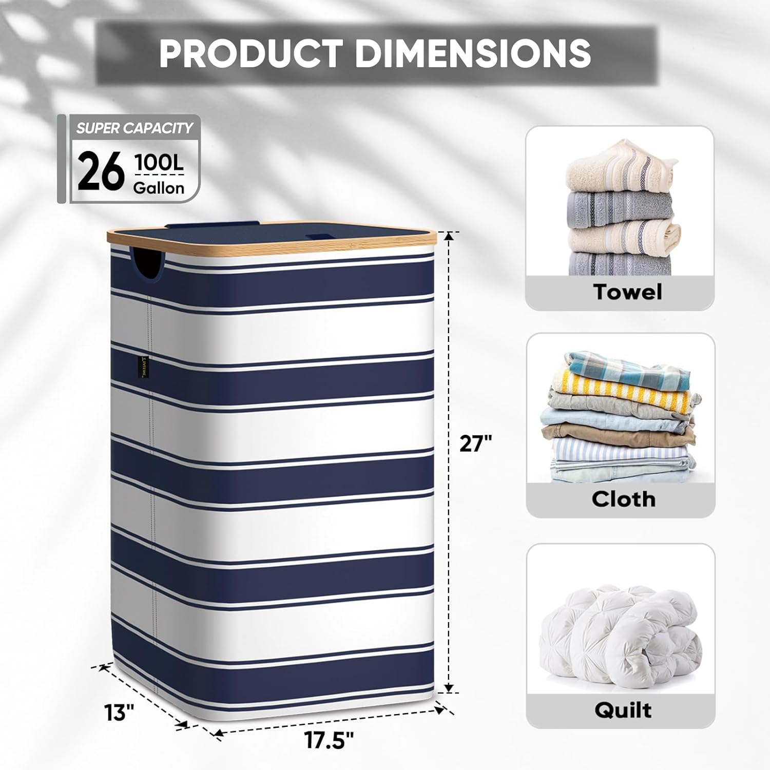 BALEINE Laundry Hamper with Lid, Tall Laundry Baskets with Bamboo Pull Handles, Large Laundry Bin
