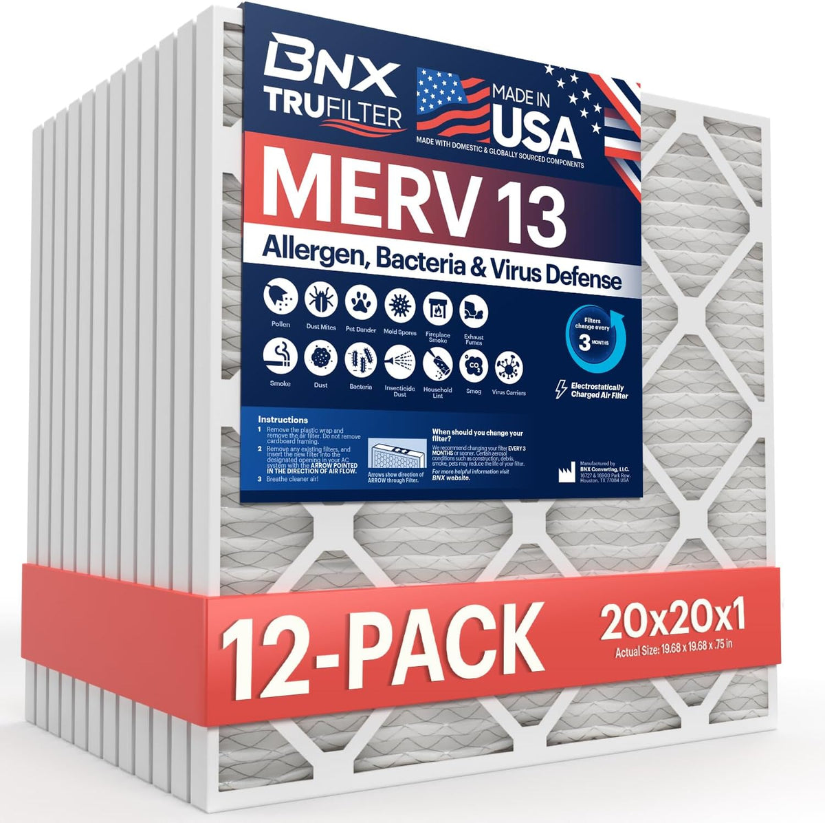 BNX TruFilter 20x20x1 MERV 13 (12-Pack) AC Furnace Air Filter - MADE IN USA - Electrostatic Pleated